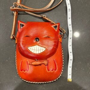 Red Cat Face Leather Crossbody Bag with Fish Charm